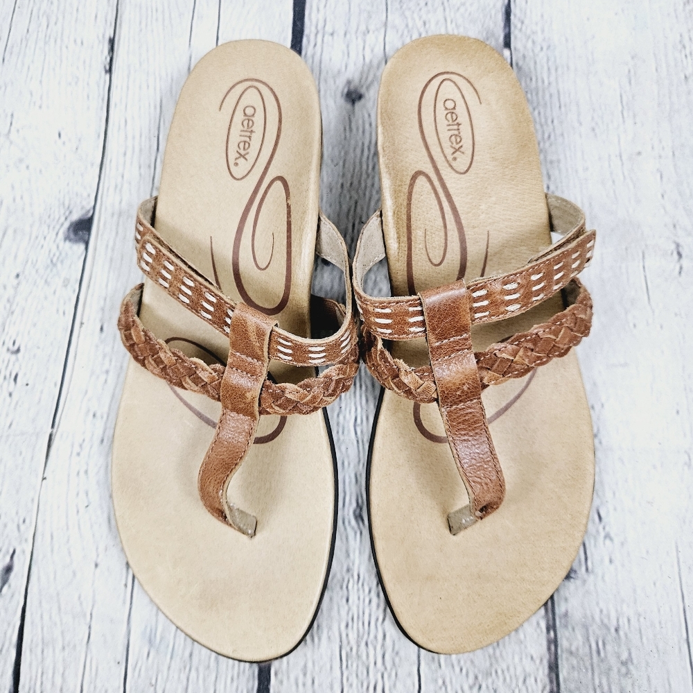 AETREX | leather braided t-strap thong comfort sandals